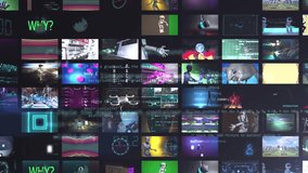 Collage with many different 3d render animations using high technology. Set collection of many video clips with female robots and motion graphics. scifi modern background concept.