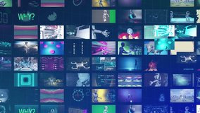 animation of collage montage streaming videos for technology, artificial intelligence and robots broadcast studion screen wall programs tv signal with hud interface graphic and data analyse overlay