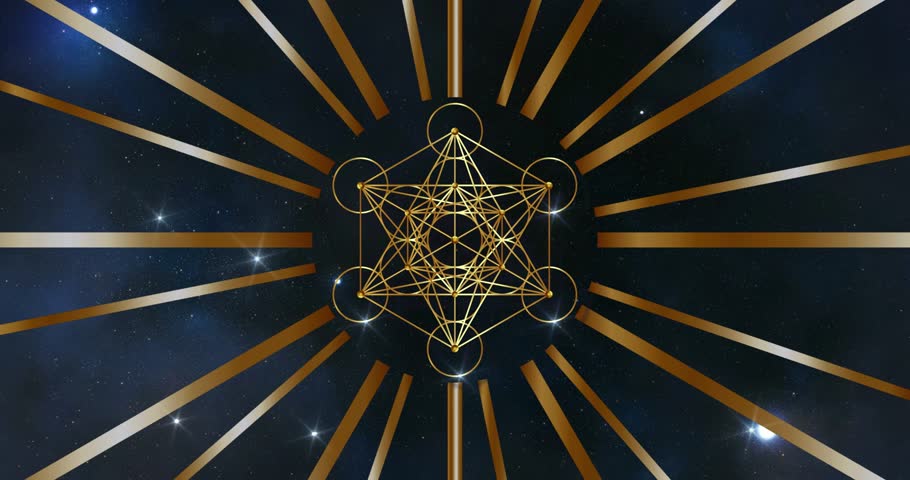 Video animation Metatron's Cube, Flower of Life. Golden Sacred geometry, graphic technology element on blue galaxy background. Mystic gold icon platonic solids, radiant geometric drawing, crop circles Royalty-Free Stock Footage #1103491921