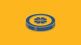 Blue Gold coin with four leaf clover icon isolated on orange background. Happy Saint Patricks day. 4K Video motion graphic animation.