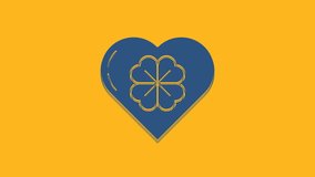 Blue Heart with four leaf clover icon isolated on orange background. Happy Saint Patrick day. 4K Video motion graphic animation.