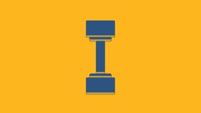 Blue Dumbbell icon isolated on orange background. Muscle lifting icon, fitness barbell, gym icon, sports equipment symbol, exercise bumbbell. 4K Video motion graphic animation.