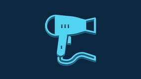 Blue Hair dryer icon isolated on blue background. Hairdryer sign. Hair drying symbol. Blowing hot air. 4K Video motion graphic animation.