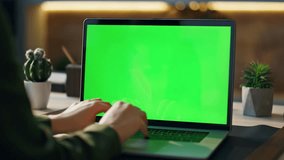 Woman hands typing at mockup laptop working remotely in modern workplace close up. Unknown girl manager writing on keyboard chroma key computer indoors. Businesswoman using green screen notebook. - Powered by Shutterstock - Get 15% off with code: PIKWIZARD15