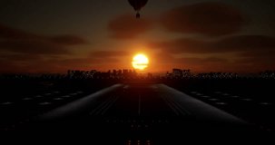 Cinematic Sunset At Airport. Scenic Orange Sunset With Clouds In Summer Sky. Holiday Vacation Tourism Concept Video. Back View Airplane With Tourists Landing At Night Airport
