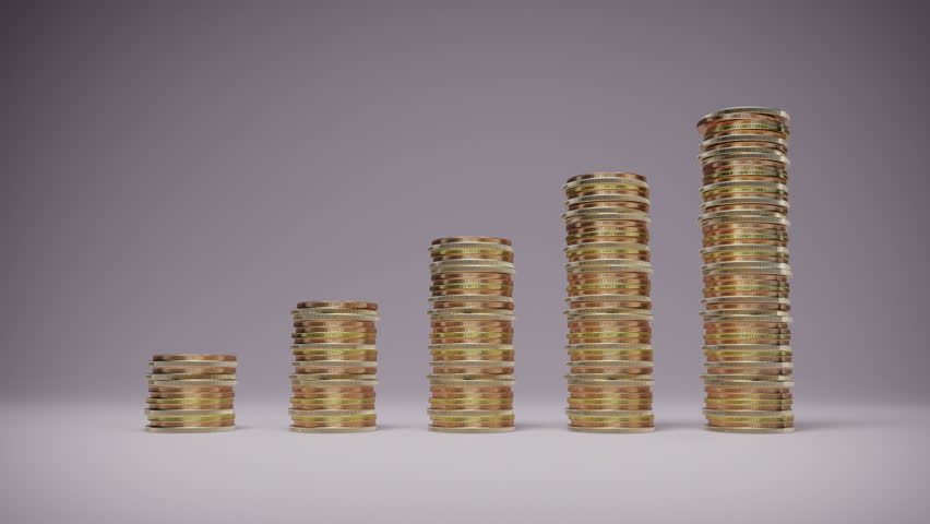 Golden Coin stacks, columns or towers on grey background. Growing up, increasing trend of world stock market. Business. Rising prices global inflation financial concept animation. 3D Render close up | Shutterstock HD Video #1103511955
