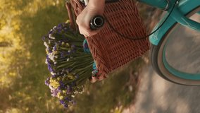 Riding retro vintage bicycle with straw basket and flowers. Vertical video. Female rides on old vintage bike at sunset, close up of bicycle wheel. Recreation and leisure activity