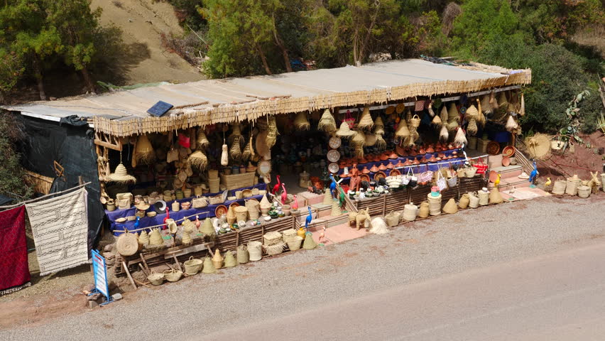 Handcrafted Souvenir Shop By The Atlas Mountains In Morocco. high angle
