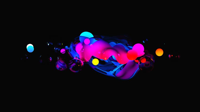 3d render of abstract art of surreal object based on meta balls spheres glass drops water liquid in neon glowing blue purple pink gradient color in transition deformation process on black background Royalty-Free Stock Footage #1103526399