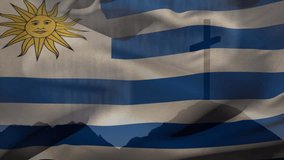 Animation of christian cross and flag of uruguay. Christianity, faith and religion concept digitally generated video.