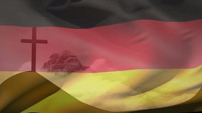Animation of christian cross and flag of germany. Christianity, faith and religion concept digitally generated video.