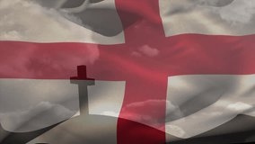 Animation of christian cross and flag of england. Christianity, faith and religion concept digitally generated video.