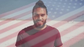 Animation of biracial man smiling over flag of united states of america. American patriotism, independence, tradition and celebration concept digitally generated video. - Powered by Shutterstock - Get 15% off with code: PIKWIZARD15