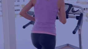 Animation of data processing over caucasian sportswoman exercising at gym. Global sport and digital interface concept, digitally generated video.