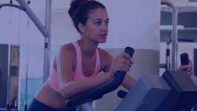 Animation of scope scanning over biracial sportswoman exercising at gym. Global sport and digital interface concept, digitally generated video.
