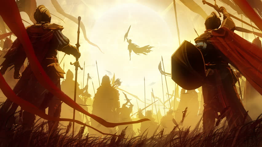 A jubilant army of knights in plate armor with swords and shields responds to the cry of their holy leader, she is a woman with a huge sword and a long cloak hovering. clean looped 2d animated art