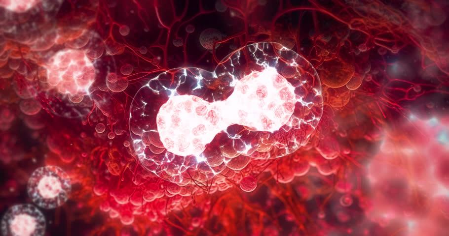 Reproductive cells multiplication. Cell division process under a microscope.