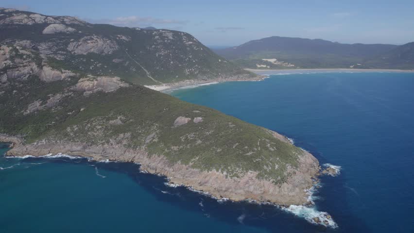 Headland And Turquoise Ocean At Wilsons Promontory National Park, Australia - aerial shot