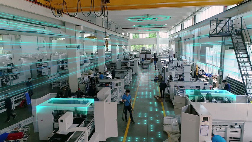 Visualization of artificial intelligence in a modern factory. Workshop of a modern factory. Flight through the workshop of a modern factory. Royalty-Free Stock Footage #1103531507