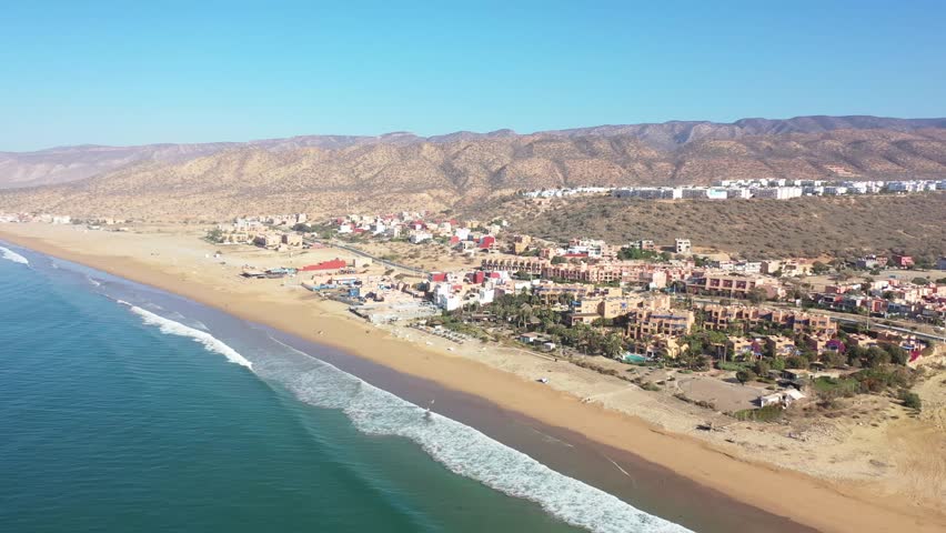 Aerial view on the beach of imi ouaddar and the atlantic ocean the region of agadir, Morocco, hotel paradis plage, Surf