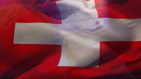 Animation of flag of switzerland over caucasian surgeons with face masks during surgery. Global medicine, patriotism and digital interface concept, digitally generated video.