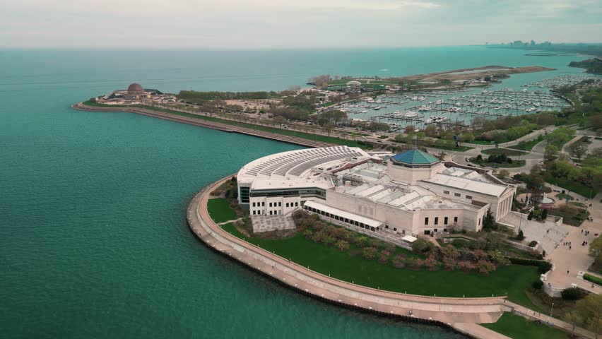 Aerial view of Shedd Aquarium and Adler Planetarium, Chicago, Illinois