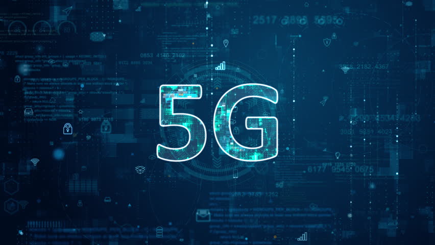 Motion graphic of Blue digital 5G letter logo and futuristic circle HUD with big data processed on grid line background and technology ai icon screen abstract background next generation concepts