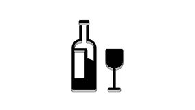 Black Wine bottle with glass icon isolated on white background. 4K Video motion graphic animation.