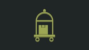 Green Hotel luggage cart with suitcase icon isolated on black background. Traveling baggage sign. Travel luggage icon. 4K Video motion graphic animation.