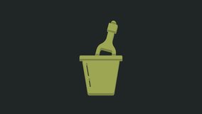Green Bottle of champagne in an ice bucket icon isolated on black background. 4K Video motion graphic animation.