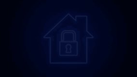 Glowing neon line House under protection icon isolated on black background. Home and lock. Protection, safety, security, protect, defense concept. 4K Video motion graphic animation.