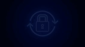 Glowing neon line Lock icon isolated on black background. Padlock sign. Security, safety, protection, privacy concept. 4K Video motion graphic animation.