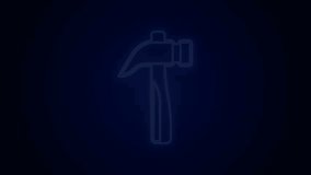 Glowing neon line Hammer icon isolated on black background. Tool for repair. 4K Video motion graphic animation.