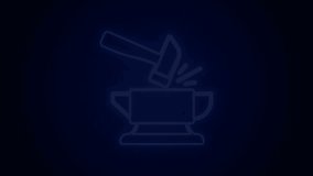 Glowing neon line Blacksmith anvil tool and hammer icon isolated on black background. Metal forging. Forge tool. 4K Video motion graphic animation.
