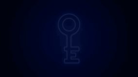 Glowing neon line Old key icon isolated on black background. 4K Video motion graphic animation.