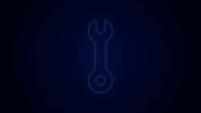 Glowing neon line Wrench spanner icon isolated on black background. Spanner repair tool. Service tool symbol. 4K Video motion graphic animation.
