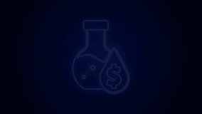 Glowing neon line Oil petrol test tube icon isolated on black background. Cmemistry flask and falling drop. 4K Video motion graphic animation.