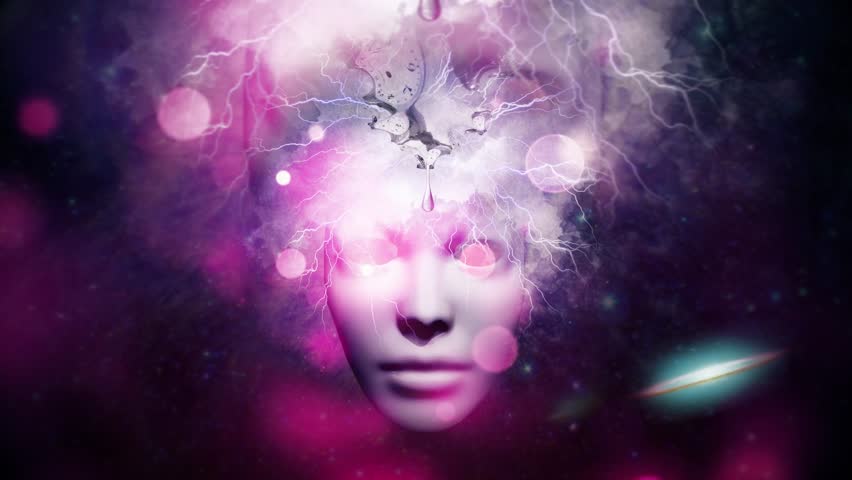 Looking through eternity. Face and melted clock in endless space. Animated 4K video