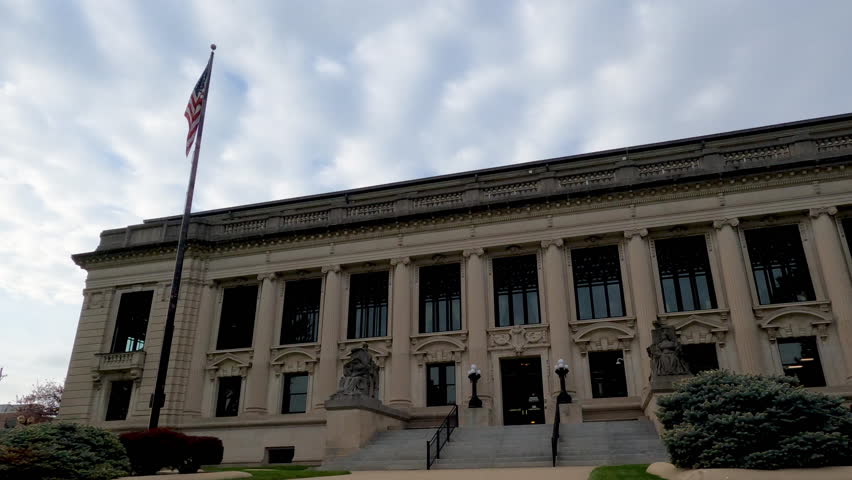 Front View of the Illinois Supreme Courthouse Building with American Flag. Located in Springfield, Illinois, USA