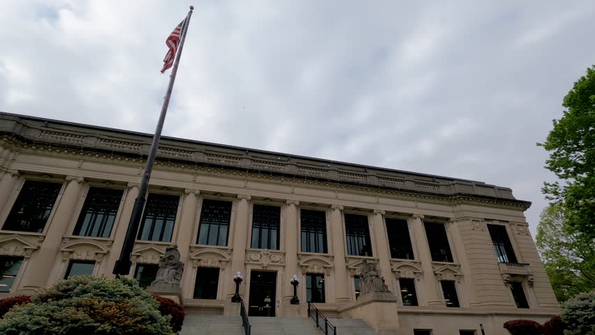 Front View of the Illinois Supreme Courthouse Building with American Flag. Located in Springfield, Illinois, USA