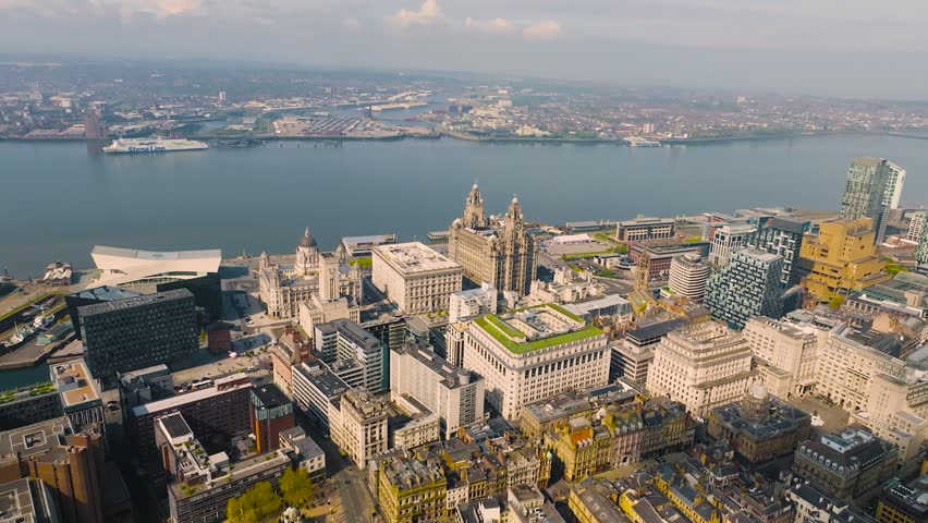 Aerial view of Liverpool waterfront in England, UK