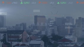 Animation of statistical and stock market data processing against aerial view of cityscape. Global economy and business data technology concept - Powered by Shutterstock - Get 15% off with code: PIKWIZARD15