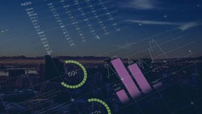 World map with graphs and charts processing data over modern cityscape at night. Global network, communication and digital interface technology, digitally generated image. - Powered by Shutterstock - Get 15% off with code: PIKWIZARD15