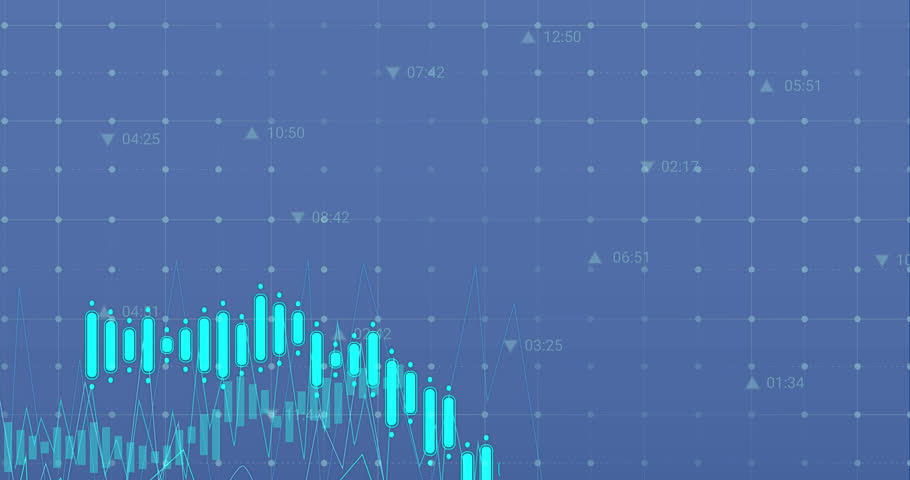 Animation of digital icons and data processing over grid network against blue background. Computer interface and business technology concept