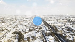 Animation of icons connected with lines over aerial view of snow covered city against sky. Digital composite, multiple exposure, communication, winter, architecture and technology concept. - Powered by Shutterstock - Get 15% off with code: PIKWIZARD15
