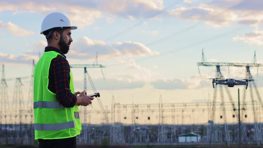 Engineer-inspector of supervision over the territory of an electric power production enterprise. Pilot is an engineer of a helicopter UAV. Man in a helmet and a reflective vest, controlling a drone. Royalty-Free Stock Footage #1103557561
