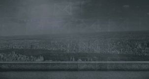 Animation of statistical and stock market data processing against aerial view of cityscape. Global economy and business data technology concept - Powered by Shutterstock - Get 15% off with code: PIKWIZARD15