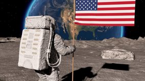 Astronaut walks on the moon with American flag, sticks it into the lunar surface, and salutes. Some Elements of this video furnished by NASA.