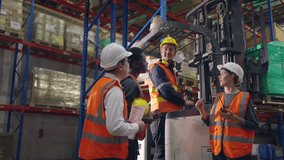 Group of man and woman industrial worker work in manufacturing plant. Attractive industry factory engineer people wear helmet and processes orders and product at manufactory warehouse with happiness. - Powered by Shutterstock - Get 15% off with code: PIKWIZARD15