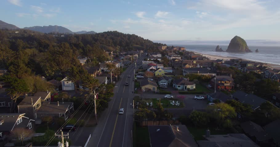 Cannon Beach Town on Oregon's Touristic Coast in Summer, Aerial Royalty-Free Stock Footage #1103566977